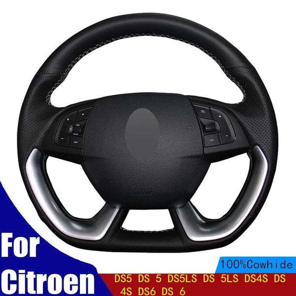 steering wheel covers diy hand-stitched car coverblack pu genuine leather for ds5 ds 5 ds5ls 5ls ds4s 4s ds6 6