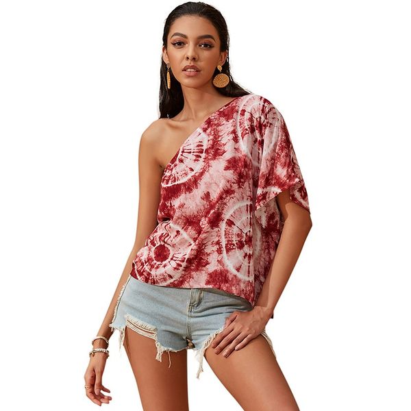 2021 summer new european and american tie dye printed v-neck mid sleeve straddle shoulder irregular top, White
2021 summer new european and american tie dye printed v-neck mid sleeve straddle shoulder irregular top, White