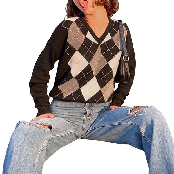 women's sweaters women classic check knit sweater y2k argyle print long sleeve vintage cropped knitwear 90s loose jumper streetwear, White;black
women's sweaters women classic check knit sweater y2k argyle print long sleeve vintage cropped knitwear 90s loose jumper streetwear, White;black