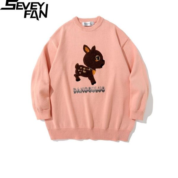 men's sweaters seveyfan fashion cartoon sika deer embroidery pink loose cotton kintwear hip hop pullover sweater for couples, White;black
men's sweaters seveyfan fashion cartoon sika deer embroidery pink loose cotton kintwear hip hop pullover sweater for couples, White;black