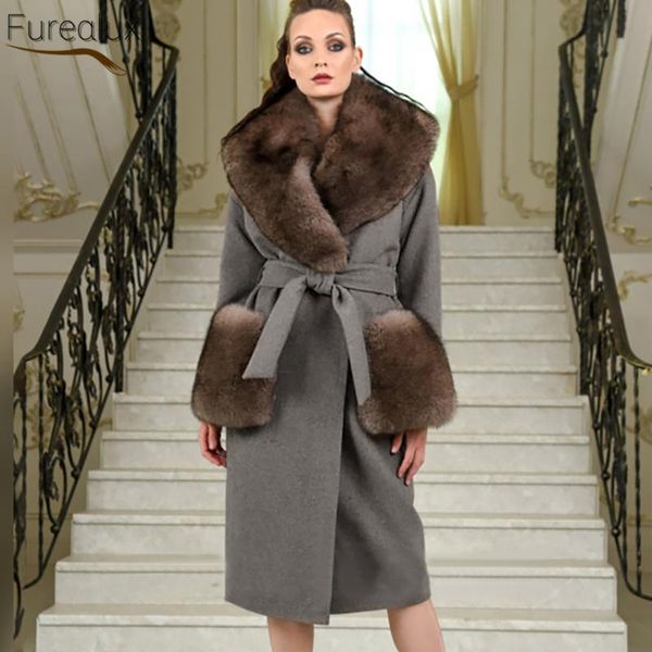 women's fur & faux furealux real wool coat autumn winter casual warm fashion mid-length with natural collar pocket ties, Black
women's fur & faux furealux real wool coat autumn winter casual warm fashion mid-length with natural collar pocket ties, Black