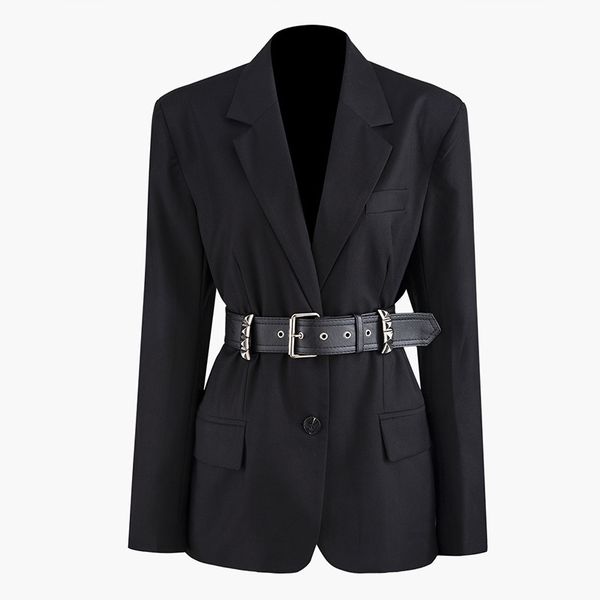 women's wool & blends studded waist buckle long-sleeved suit single-breasted solid color slim jacket fashion designer pocket lapel, Black
women's wool & blends studded waist buckle long-sleeved suit single-breasted solid color slim jacket fashion designer pocket lapel, Black