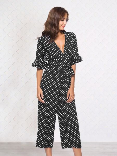 women's jumpsuits & rompers 2021 fashion women polka dot casual jumpsuit belt high waist playsuit v neck flare sleeve elegant bodysuit, Black;white
women's jumpsuits & rompers 2021 fashion women polka dot casual jumpsuit belt high waist playsuit v neck flare sleeve elegant bodysuit, Black;white