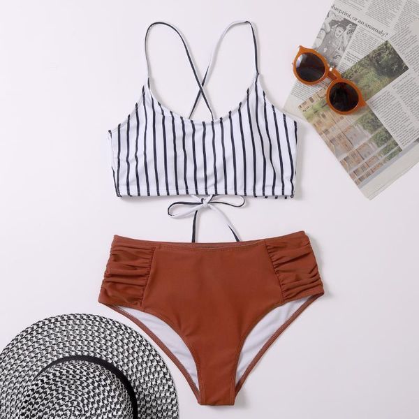 women's swimwear black stripe high-waist bikini sets reversible bottom swimsuit two pieces women 2021 bathing suits, White;black
women's swimwear black stripe high-waist bikini sets reversible bottom swimsuit two pieces women 2021 bathing suits, White;black