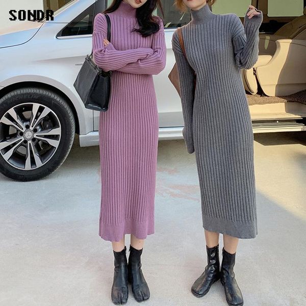 casual dresses korean one-piece knitted dress high collar base 2021 winter vintage women's midi sweater, Black;gray 
casual dresses korean one-piece knitted dress high collar base 2021 winter vintage women's midi sweater, Black;gray