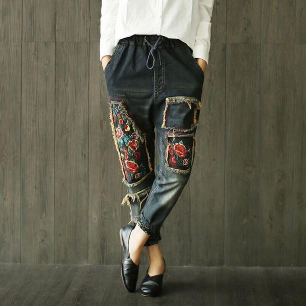 national wind embroidery flowers patch retro loose casual denim trousers collapse pants female literary a204 women's jeans, Blue
national wind embroidery flowers patch retro loose casual denim trousers collapse pants female literary a204 women's jeans, Blue