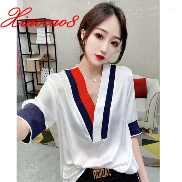 women's blouses & shirts 2021 fashion summer women silk v neck blouse oversize patchwork elegant woman short sleeve womens casual cloth, White
women's blouses & shirts 2021 fashion summer women silk v neck blouse oversize patchwork elegant woman short sleeve womens casual cloth, White