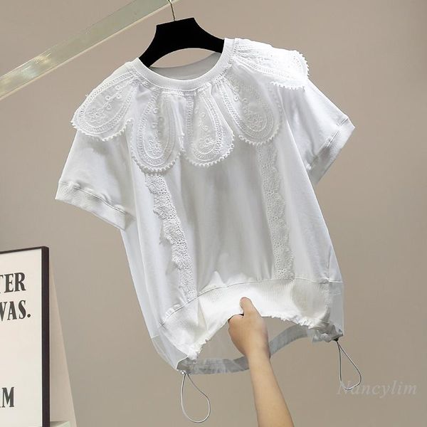 women's t-shirt fashion women tshirt vintage embroidered petal collar mesh stitching drawstring short sleeve t-shirts femme white black
women's t-shirt fashion women tshirt vintage embroidered petal collar mesh stitching drawstring short sleeve t-shirts femme white black