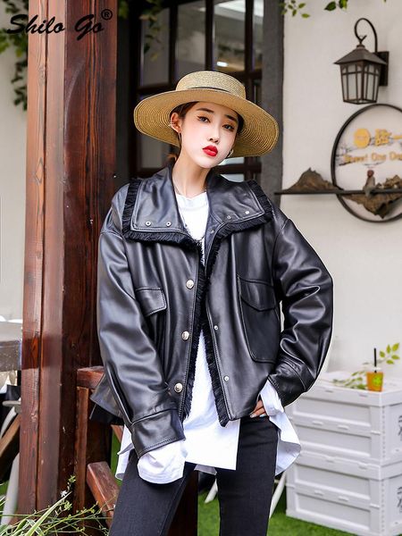 women's leather & faux elegant turn down collar jacket women autumn high street solid sheepskin genuine coat tassel detail button front, Black
women's leather & faux elegant turn down collar jacket women autumn high street solid sheepskin genuine coat tassel detail button front, Black