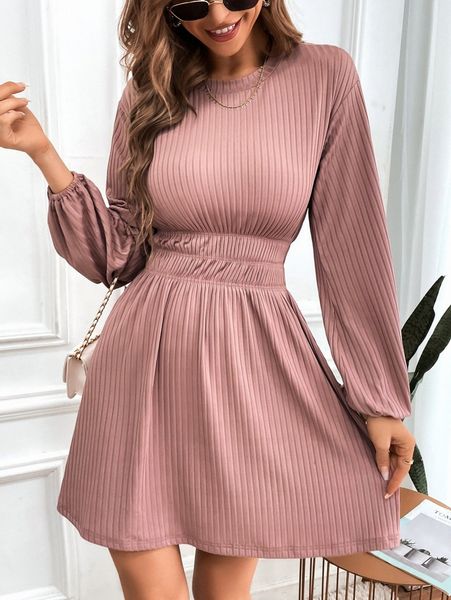 ribbed knit lantern sleeve a-line dress j5bb#, Black;gray
