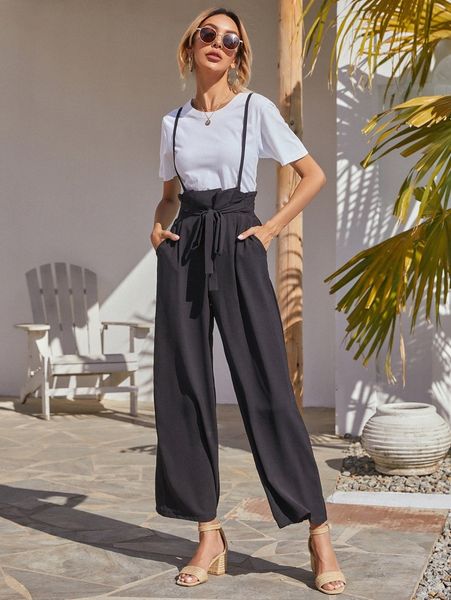 solid slant pocket belted suspender pants v0rs#, Black;white