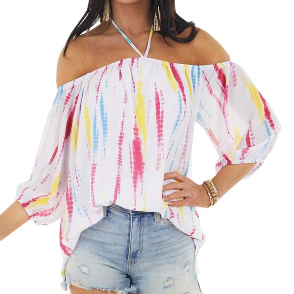 women's blouses & shirts summer off shoulder blouse tie-dye print 3/4 sleeve halter neck pullover shirt casual loose blusas, White
women's blouses & shirts summer off shoulder blouse tie-dye print 3/4 sleeve halter neck pullover shirt casual loose blusas, White