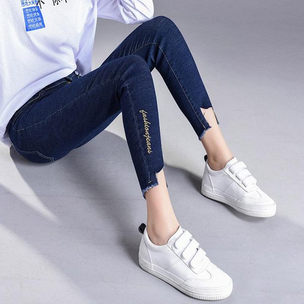 women's jeans spring 2021 female nine minutes of pants elastic show thin foot trousers torn embroidery letters, Blue
women's jeans spring 2021 female nine minutes of pants elastic show thin foot trousers torn embroidery letters, Blue