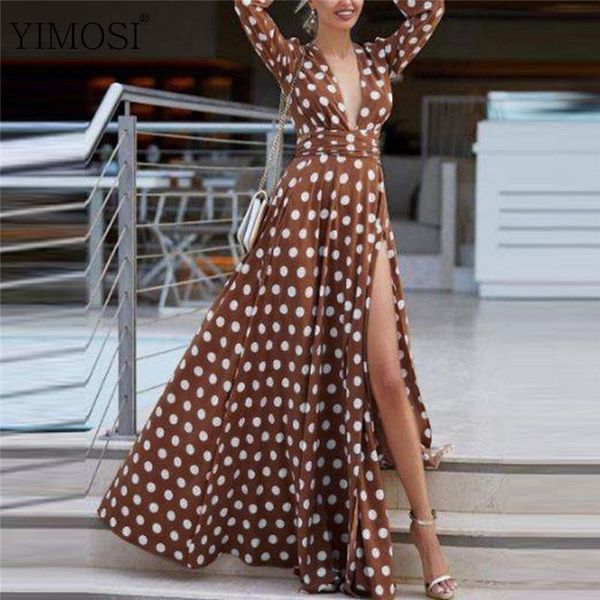 casual dresses 2021 elegant women spring summer dot print split maxi dress ladies long sleeve deep v neck warp party, Black;gray