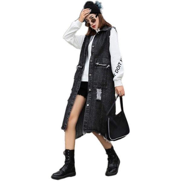women's vests spring mid-length denim vest women harajuku single-breasted sleeveless jacket loose hole jean coat female waistcoat, Black;white
women's vests spring mid-length denim vest women harajuku single-breasted sleeveless jacket loose hole jean coat female waistcoat, Black;white