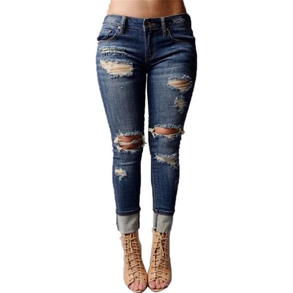 high waist jeans women mid waisted skinny hole denim stretch slim pants calf length ripped for vaqueros mujer women's, Blue