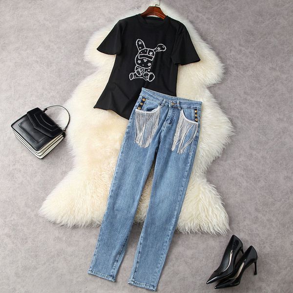 women's two piece pants spring summer short sleeve round neck black drilling t-shirt + tassel jeans pencil suits 2 s set 21m251997 dj78, White
women's two piece pants spring summer short sleeve round neck black drilling t-shirt + tassel jeans pencil suits 2 s set 21m251997 dj78, White