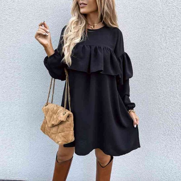 elegant solid slimple office mini womens dresses autumn fashion long sleeve loose round neck ruffle party, Black;gray
elegant solid slimple office mini womens dresses autumn fashion long sleeve loose round neck ruffle party, Black;gray