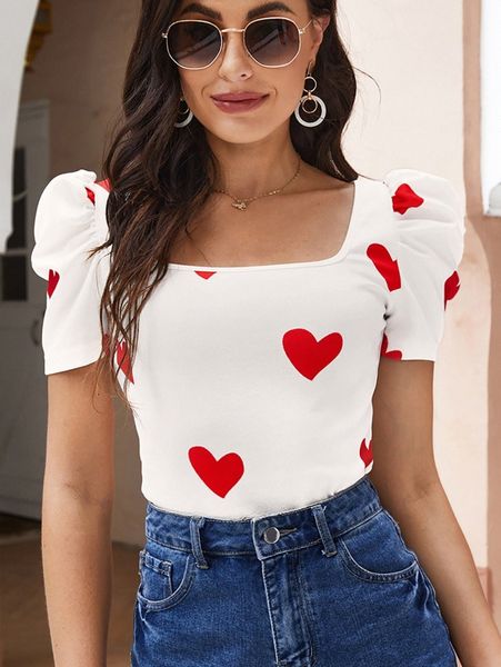 heart print puff sleeve tee w6bk#, White
heart print puff sleeve tee w6bk#, White
