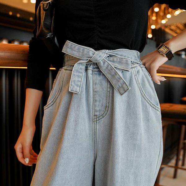 fashion bow belt jeans women loose high waist straight pants solid color wide legs retro women's denim trousers, Blue
fashion bow belt jeans women loose high waist straight pants solid color wide legs retro women's denim trousers, Blue