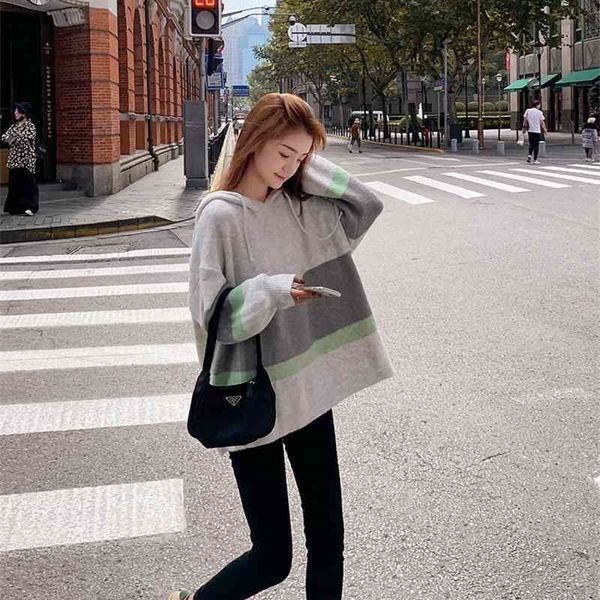 hooded striped loose sweater women's pullover thickened spring knitted outer coat lazy wind autumn and winter, Black
hooded striped loose sweater women's pullover thickened spring knitted outer coat lazy wind autumn and winter, Black