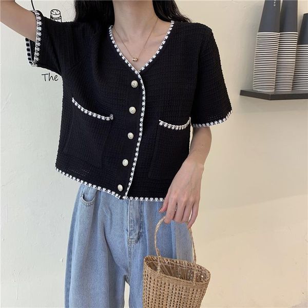 knitted short sleeve single womens sweater breasted buttons thin cardigans knit pockets crop viscose tees for female, White;black
knitted short sleeve single womens sweater breasted buttons thin cardigans knit pockets crop viscose tees for female, White;black