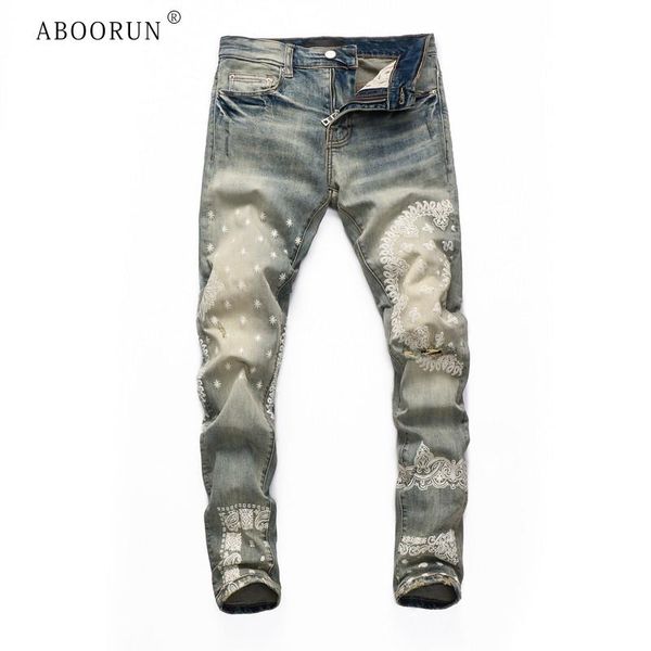 men's jeans aboorun retro cashew printed fashion ripped hole stretch slim fit denim pants streetwear for male, Blue
men's jeans aboorun retro cashew printed fashion ripped hole stretch slim fit denim pants streetwear for male, Blue
