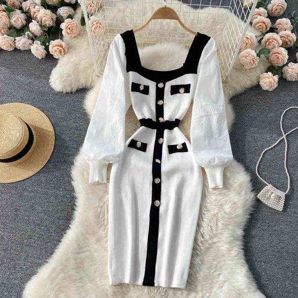 Vintage Chic Knitting Dress Woman Square Collar Button Contrast Color Waist Slim Lantern Sleeve Bottoming Bag Hip Dress, Black;gray 
Vintage Chic Knitting Dress Woman Square Collar Button Contrast Color Waist Slim Lantern Sleeve Bottoming Bag Hip Dress, Black;gray