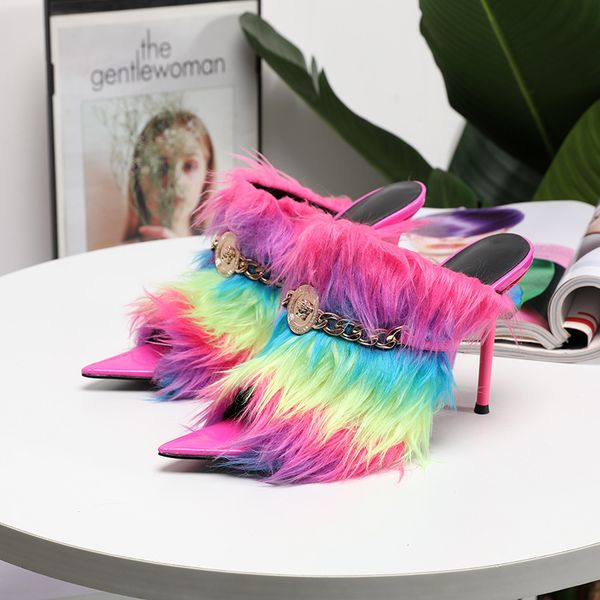 fashion trend rainbow fur feather high heels mules women metal chain sandals party slippers runway design dress shoes, Black
fashion trend rainbow fur feather high heels mules women metal chain sandals party slippers runway design dress shoes, Black