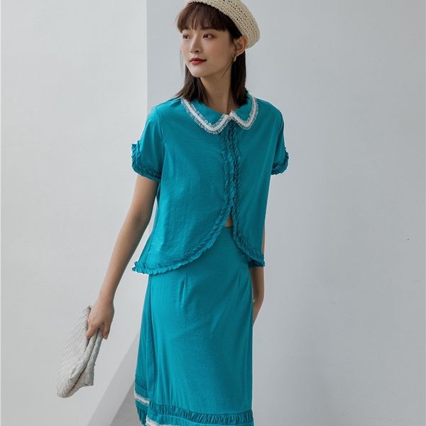 women's knits & tees blue green vintage peter pan collar blouse women ruffle short sleeve summer crop japanese clothes p67r, White
women's knits & tees blue green vintage peter pan collar blouse women ruffle short sleeve summer crop japanese clothes p67r, White