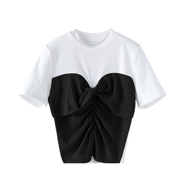 summer new design black and white contrast patchwork fake two-piece pleated waist fashion short o neck woman tshirts 210421
summer new design black and white contrast patchwork fake two-piece pleated waist fashion short o neck woman tshirts 210421