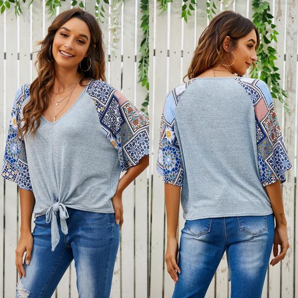women's t-shirt 2021 summer casual t-shirts vintage ethnic printing stitching tie knot half-sleeve t shirt v neck loose, White
women's t-shirt 2021 summer casual t-shirts vintage ethnic printing stitching tie knot half-sleeve t shirt v neck loose, White