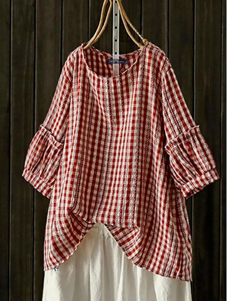 women's blouses & shirts 2021 cotton linen vintage plaid print women blouse shirt puff sleeve half patchwork o neck office lady blusas, White
women's blouses & shirts 2021 cotton linen vintage plaid print women blouse shirt puff sleeve half patchwork o neck office lady blusas, White
