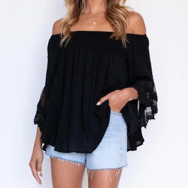 women's blouses & shirts women black blouse off shoulder flared long sleeves shirt casual elegant with lace female spring, White
women's blouses & shirts women black blouse off shoulder flared long sleeves shirt casual elegant with lace female spring, White