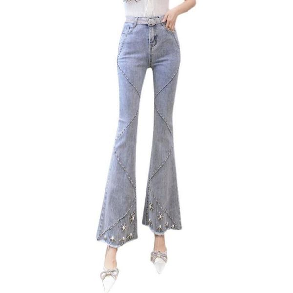 women's jeans 2021 heavy industry rivet pearl flared irregular hem stretch edge drape denim pants s1464, Blue
women's jeans 2021 heavy industry rivet pearl flared irregular hem stretch edge drape denim pants s1464, Blue