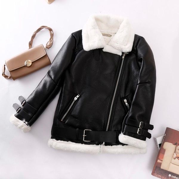 women's leather & faux sheepskin belt jacket warm long-sleeved motorcycle lapel, lamb hair plus velvet thick fur one ins loose korean v, Black
women's leather & faux sheepskin belt jacket warm long-sleeved motorcycle lapel, lamb hair plus velvet thick fur one ins loose korean v, Black
