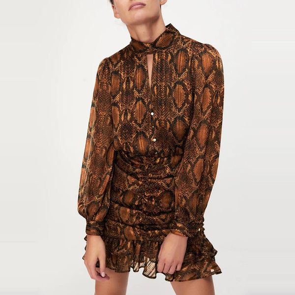 casual dresses women vintage o neck animal pattern cascading mini dress ruffles ladies elastic waist vestidos chic brand, Black;gray 
casual dresses women vintage o neck animal pattern cascading mini dress ruffles ladies elastic waist vestidos chic brand, Black;gray