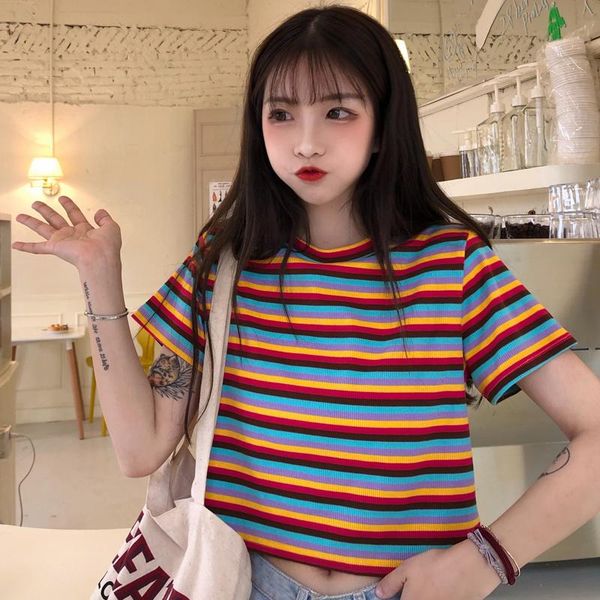 women's t-shirt internet celebrity super short-sleeved rainbow striped loose korean style ins trendy chic elegant niche, White
women's t-shirt internet celebrity super short-sleeved rainbow striped loose korean style ins trendy chic elegant niche, White