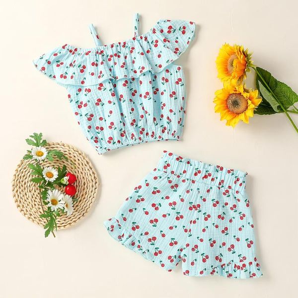 clothing sets 2 pieces kids suit set summer cherry print off shoulder sleeveless ruffled + shorts for girls white/blue/pink 1-5 years