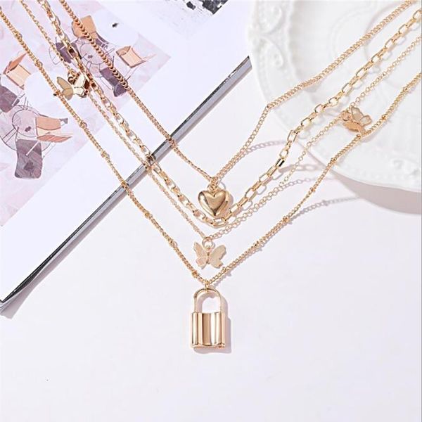pendant necklaces multi layer lover lock choker necklace collier couple jewelry gift steampunk padlock heart chain, Silver