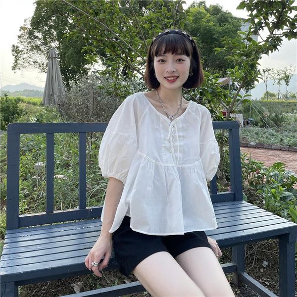 women's blouses & shirts 2021 korean version of loose round neck tie short sleeve shirt puff retro commuter blouse, White
women's blouses & shirts 2021 korean version of loose round neck tie short sleeve shirt puff retro commuter blouse, White