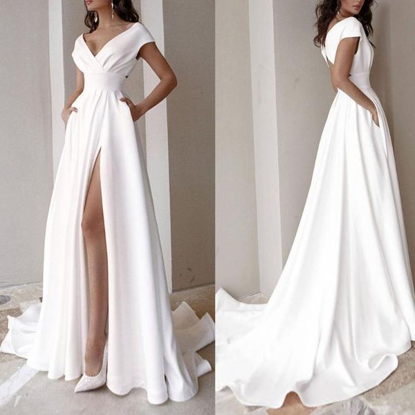casual dresses v-neck party dress white high waist side split floor-length with pockets banquet women slim, Black;gray 
casual dresses v-neck party dress white high waist side split floor-length with pockets banquet women slim, Black;gray
