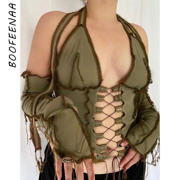 women's t-shirt boofeenaa y2k hollow out laced halter long sleeve crop women 2021 contrast stitch ribbed knitted t shirts c15-cz18, White
women's t-shirt boofeenaa y2k hollow out laced halter long sleeve crop women 2021 contrast stitch ribbed knitted t shirts c15-cz18, White