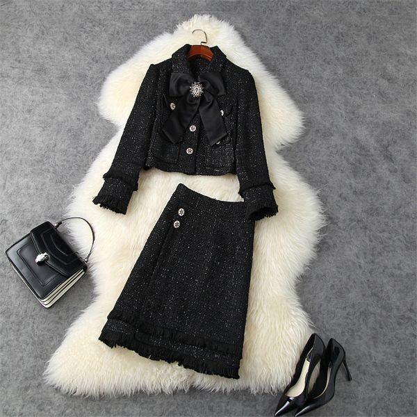 women's fashion designer clue winter bowknot short tweed wool jacket and suit skirt piece of clothing, Black
women's fashion designer clue winter bowknot short tweed wool jacket and suit skirt piece of clothing, Black