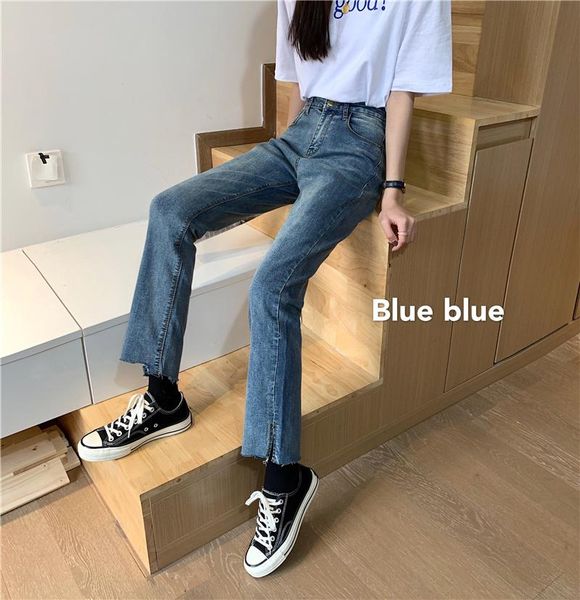 women's jeans korean version of the high waist torn edge small open fork stretch straight pants nine minutes women, Blue
women's jeans korean version of the high waist torn edge small open fork stretch straight pants nine minutes women, Blue