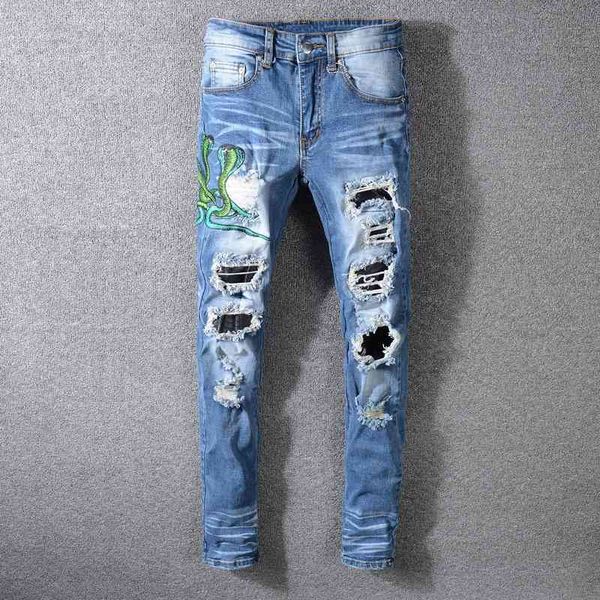 

men's jeans fashion streetwear men elastic slim fiy destroyed ripped denim punk trousers embroider designer hip hop p, Blue