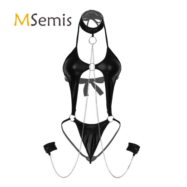 womens lingerie halter lace-up bodysuit with metal chain cuffs o ring cutout patent leather suit nightwear clubwear one-piece suits
womens lingerie halter lace-up bodysuit with metal chain cuffs o ring cutout patent leather suit nightwear clubwear one-piece suits
