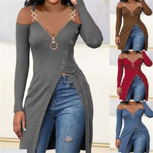 plus size s-3xl women rib knited t-shirt slim v-neck long sleeve high split zipper metal shoulder strap solid color sweater, White
plus size s-3xl women rib knited t-shirt slim v-neck long sleeve high split zipper metal shoulder strap solid color sweater, White