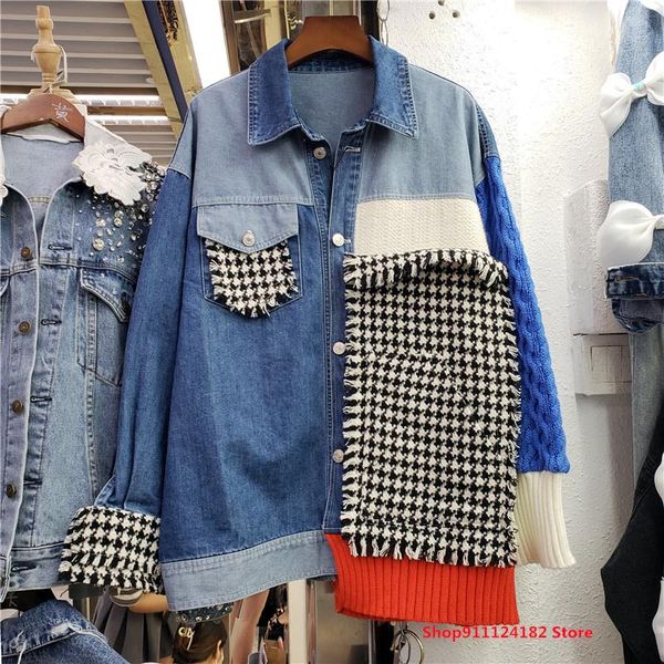 women's jackets plaid tassel stitching knit sleeves contrast denim shirt jacket female autumn 2021 european standing top, Black;brown
women's jackets plaid tassel stitching knit sleeves contrast denim shirt jacket female autumn 2021 european standing top, Black;brown