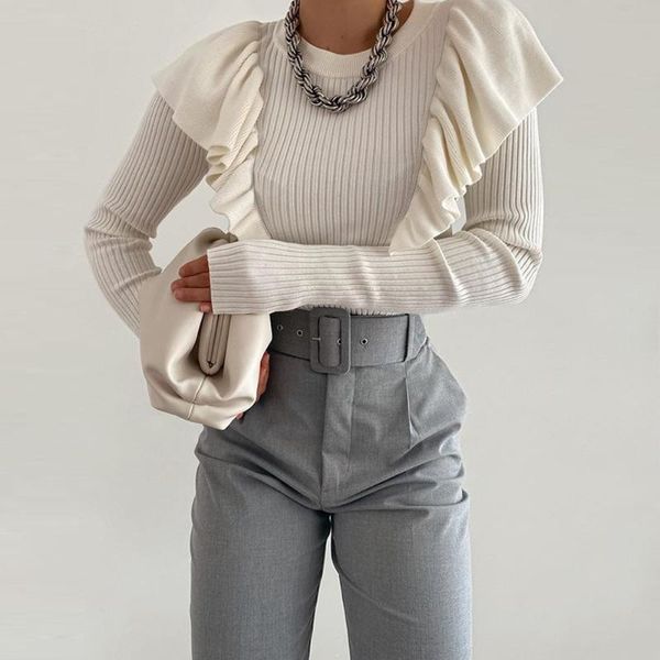 women's sweaters ruffleknitted white jumper women fashion autumn winter2021stretchy solid ribbed ladies slim street pullover, White;black
women's sweaters ruffleknitted white jumper women fashion autumn winter2021stretchy solid ribbed ladies slim street pullover, White;black